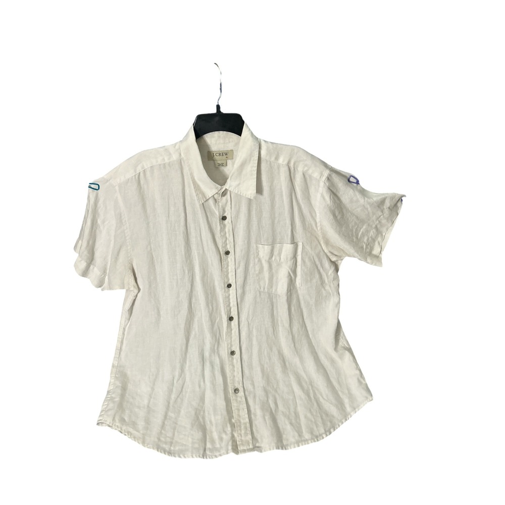 J.Crew Mens XL White 100% Linen Short Sleeve Button‎ Down Shirt Pocket Classic